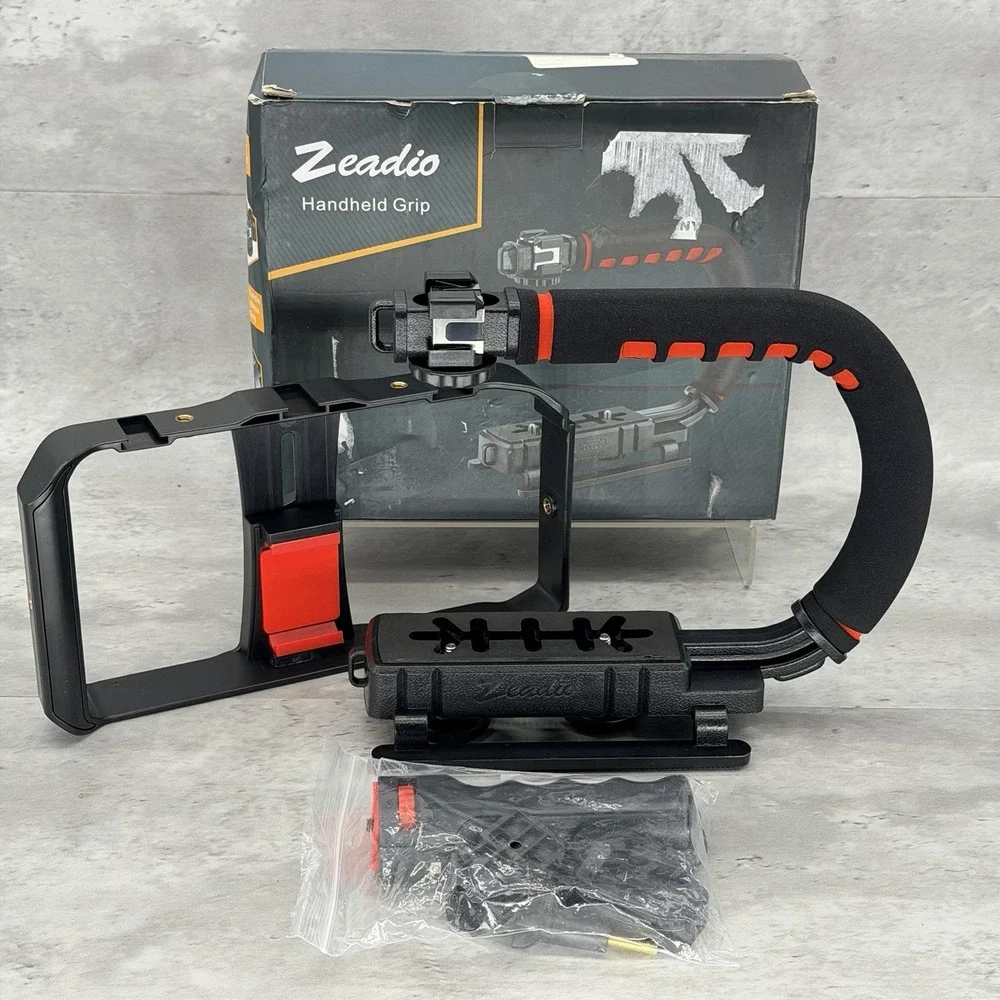 Zeadio Camera Smartphone Handheld Stabilizer, Triple Cold-Shoe Handle Grip Compa